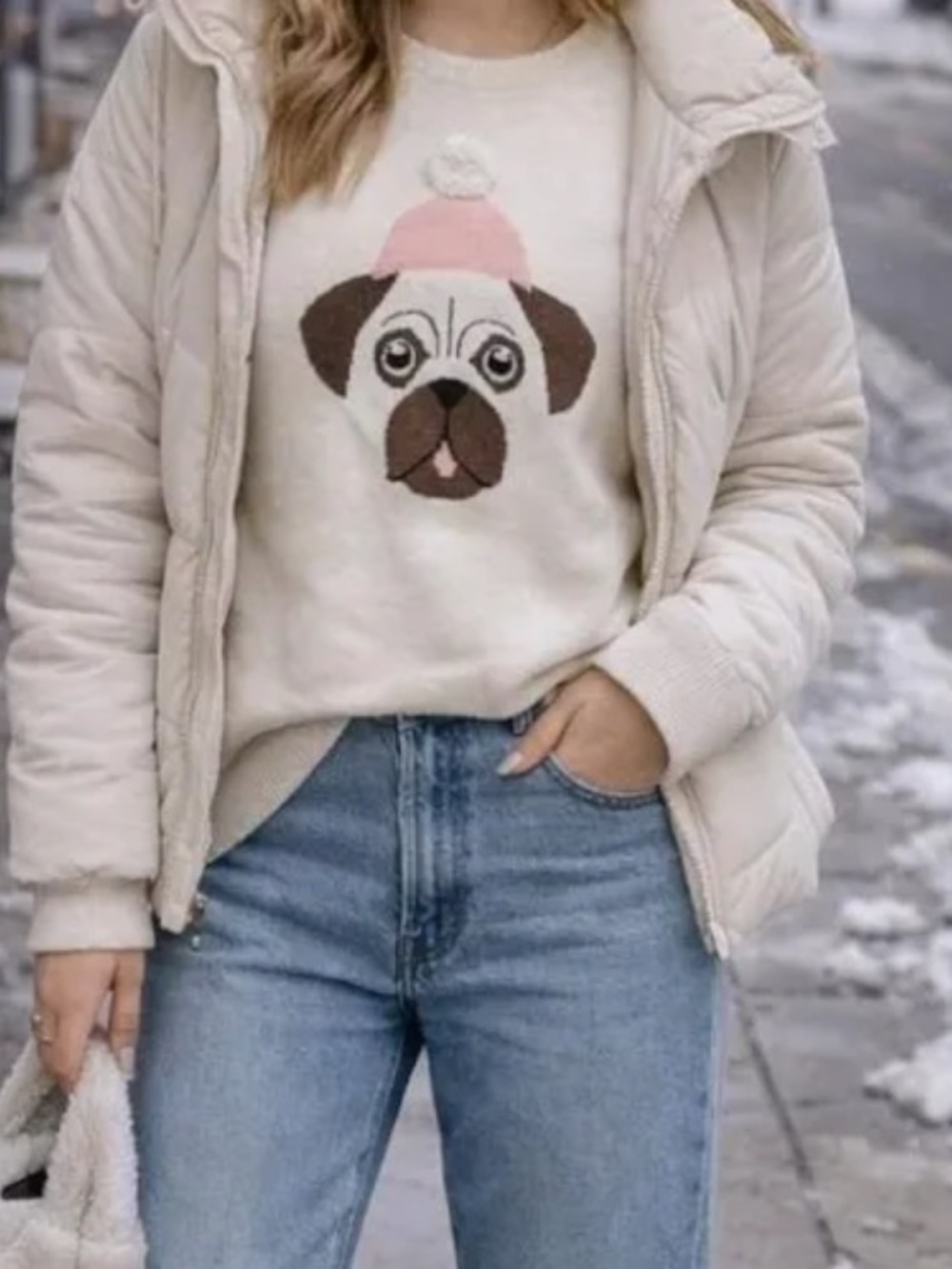 Loft Cream Sweater Puppy Face Dog with Stocking Cap